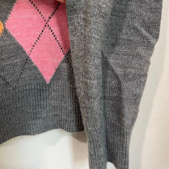 NY & Co Argyle Cardigan Gray Pink Orange Preppy Button Up Sweater Sz M - Picture 4 of 7